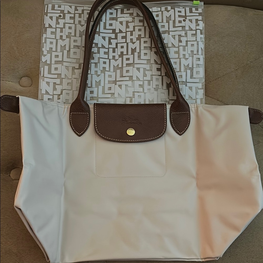 Longchamp Cream and Brown Canvas Tote with Leather Handles